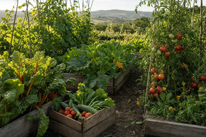 Sommerlicher Gemüsegarten mit Hochbeeten voller Tomaten, Mangold und Zucchini, davor eine Holzkiste mit frisch geerntetem Gemüse im Morgenlicht