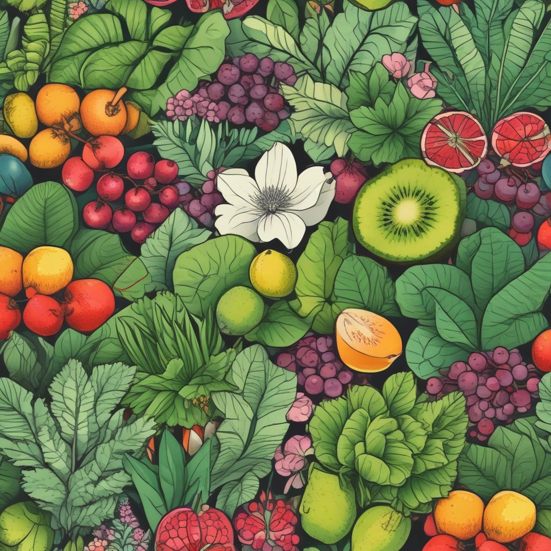 Frisches veganes Essen — buntes Obst, Gemüse und Kräuter