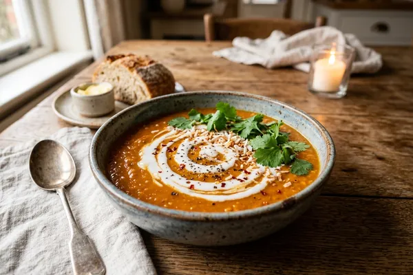 Cremige rote Linsensuppe mit Kokosmilch in einer Schüssel