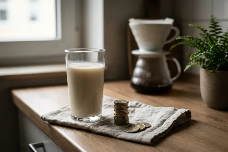 Ein Glas Hafermilch neben gestapelten Euro-Münzen auf einer Küchentheke — Symbolbild für die höhere Besteuerung pflanzlicher Drinks