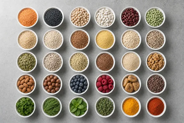 30 kleine weiße Schälchen in einem Raster auf grauem Beton, gefüllt mit verschiedenen Hülsenfrüchten, Getreidesorten, Saaten, Nüssen, Beeren, frischen Kräutern und Gewürzen