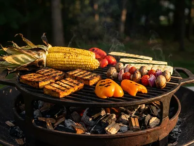 Bunter veganer Grill mit Maiskolben, Tofu-Scheiben, Paprika und Gemüsespießen über glühender Kohle
