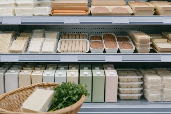 Blick auf ein Supermarkt-Kühlregal mit pflanzlichen Produkten ohne Markenlogos: Tofublöcke, vegane Würstchen und Burger-Patties in schlichten Verpackungen, Haferdrinks in Kartons, im Vordergrund ein Weidenkorb mit einem Block Tofu und frischer Petersilie